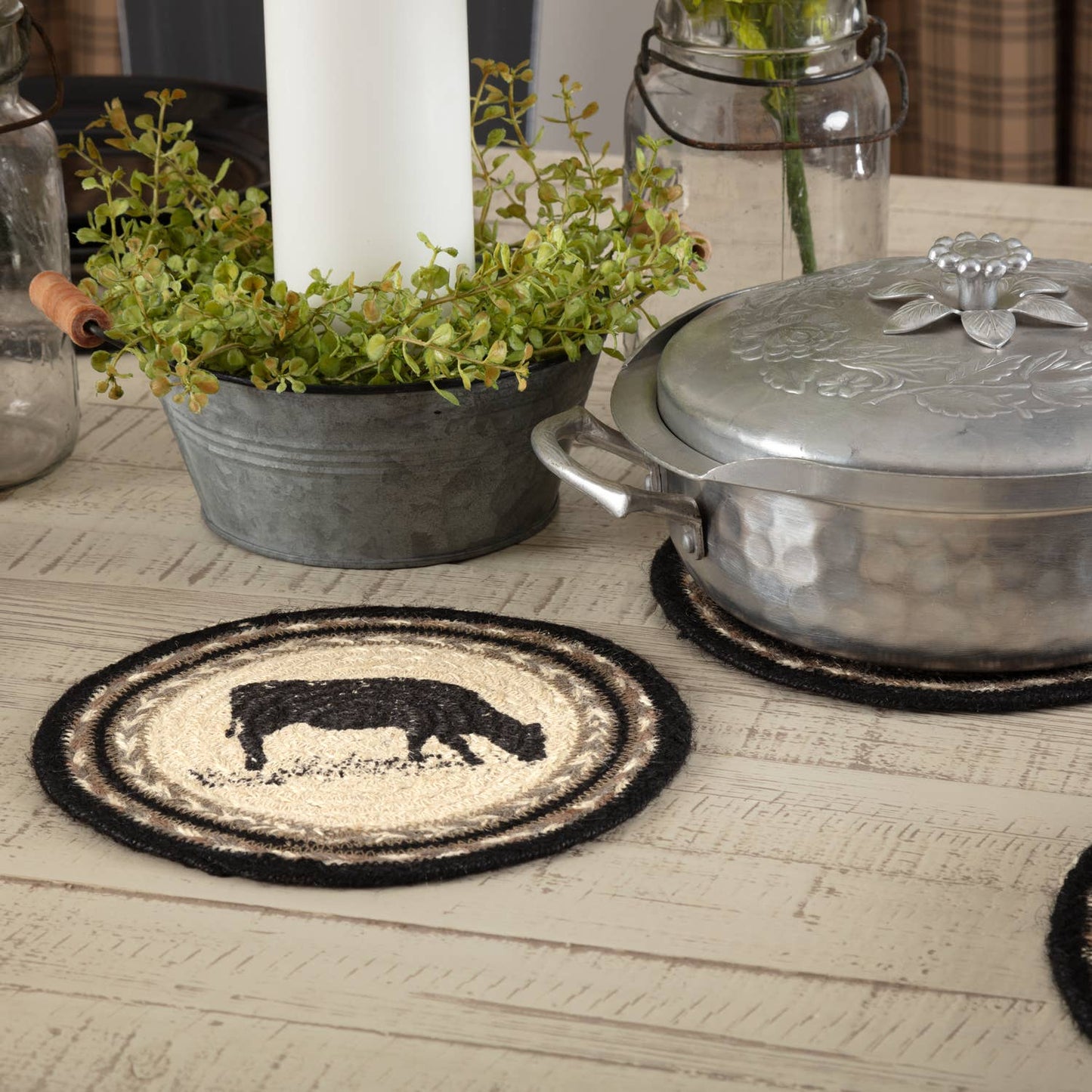 Charcoal Cow Jute Trivet 8"