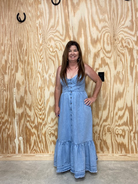 Front Button Down Denim Long Dress w/Pockets - Sweetwater Boutique