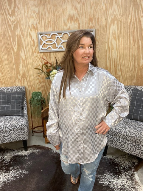 Checkerboard Silver Satin Loose Fit Top - Sweetwater Boutique