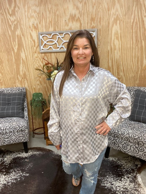 Checkerboard Silver Satin Loose Fit Top - Sweetwater Boutique