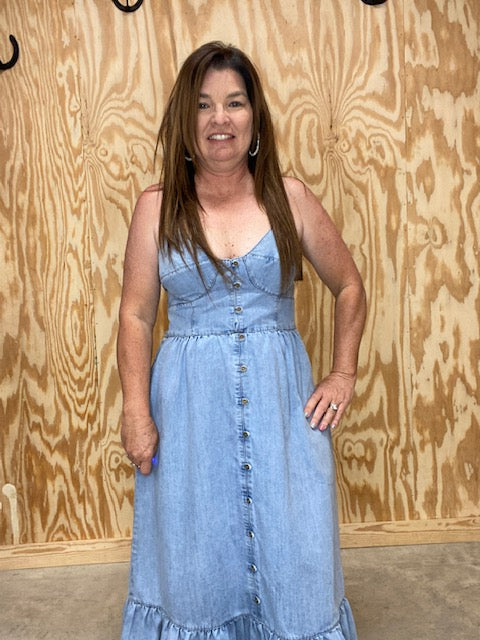 Front Button Down Denim Long Dress w/Pockets - Sweetwater Boutique 