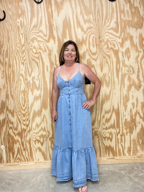 Front Button Down Denim Long Dress w/Pockets - Sweetwater Boutique 